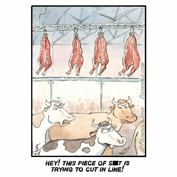 Cartoon of cows in a meat locker with hanging carcasses, featuring dark humor comics by Toonhole John.