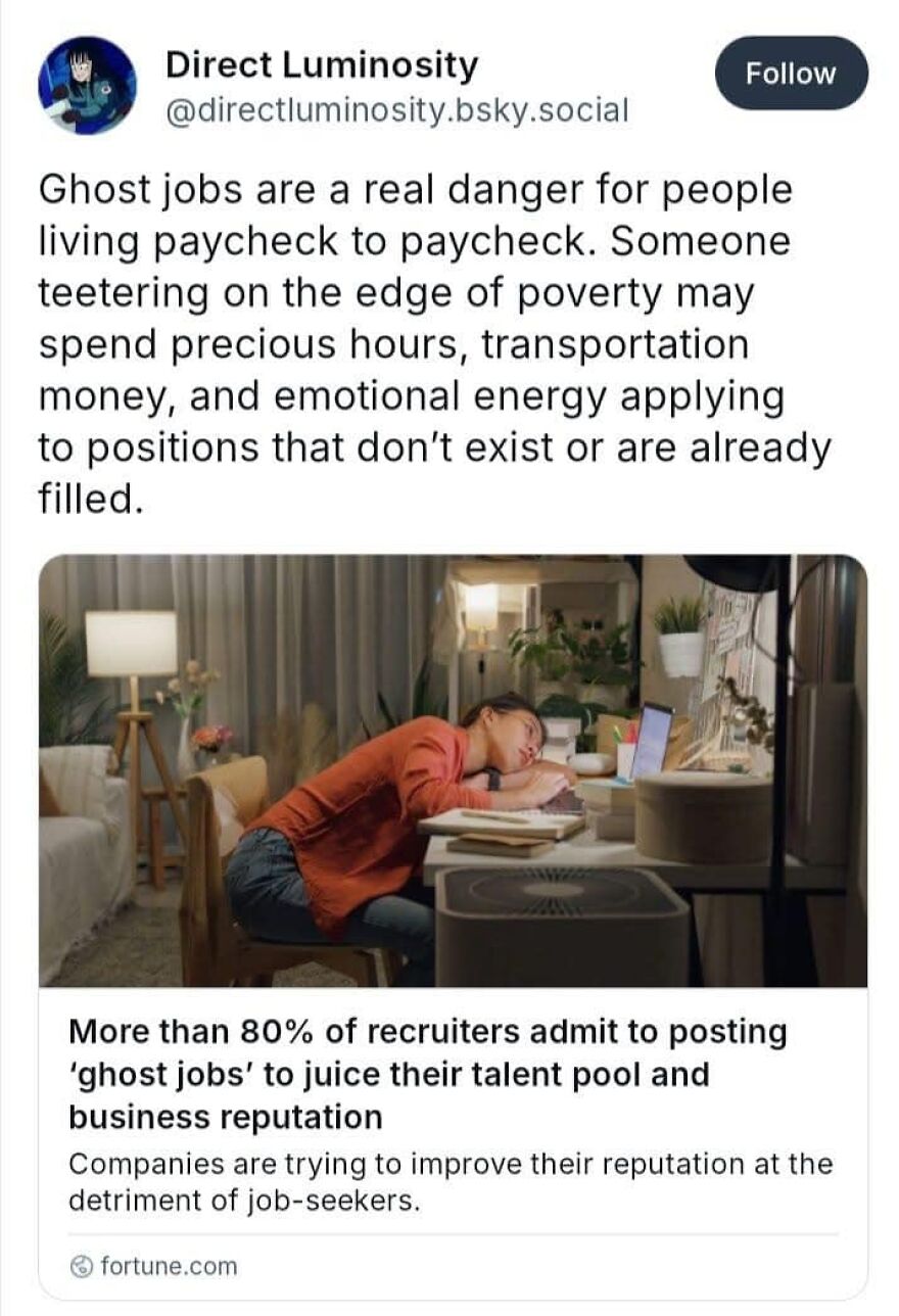 Person exhausted at desk illustrating the impact of ghost jobs on job seekers in social media post on ghost jobs consequences