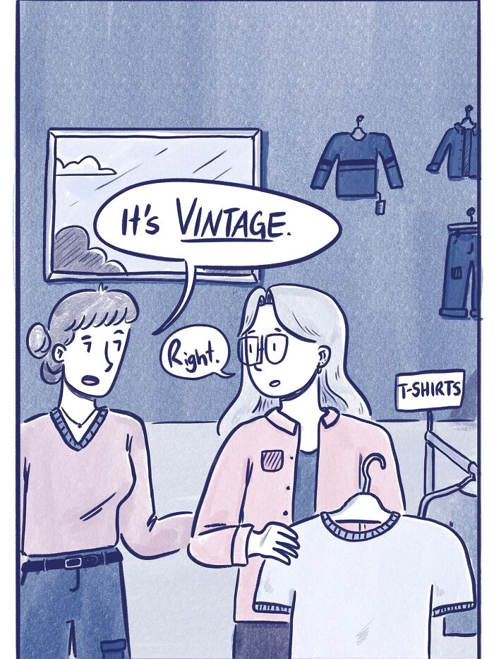 Woman holding a t-shirt, questioning its value, in a funny and honest comic about life’s little moments.