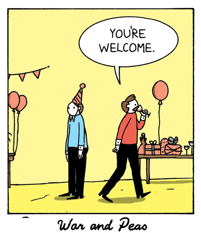 War and Peas comic panel showing two characters at a minimalistic birthday party with balloons and presents.