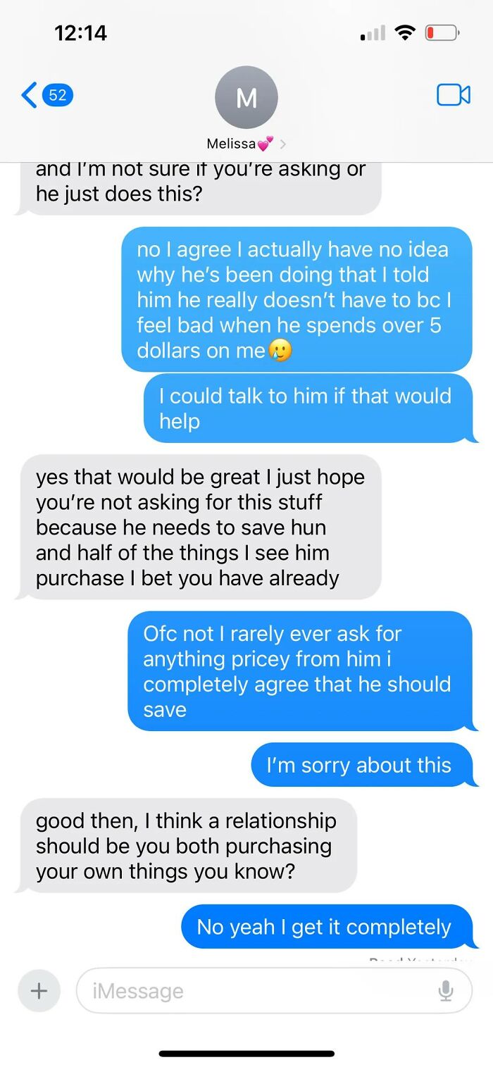Text message conversation discussing overreacting and concerns about spending and gift-giving between friends.