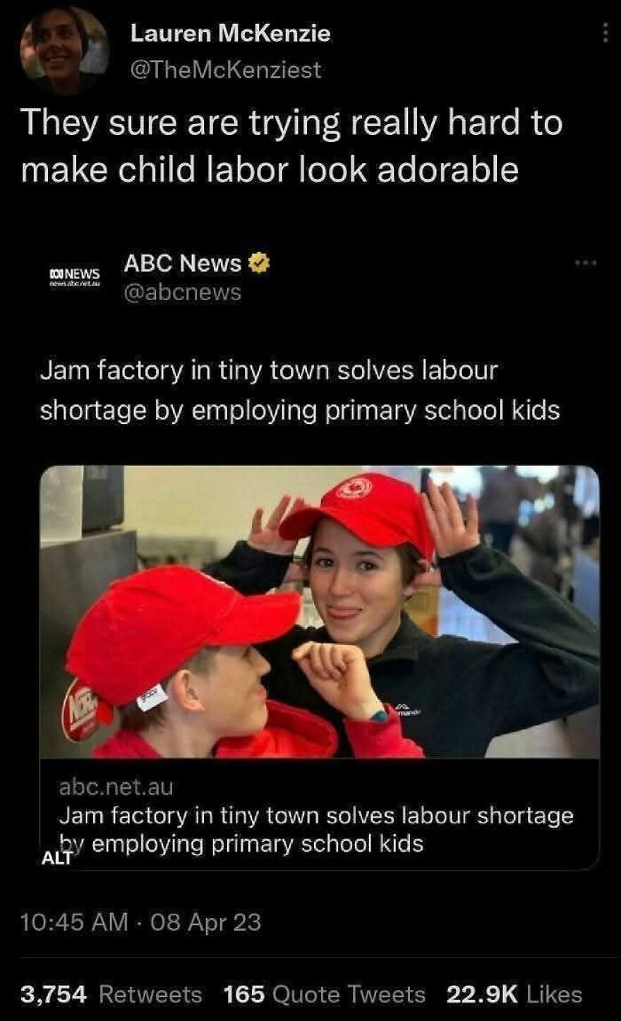 Social media post showing irony about child labor disguised as wholesome employment in a jam factory.