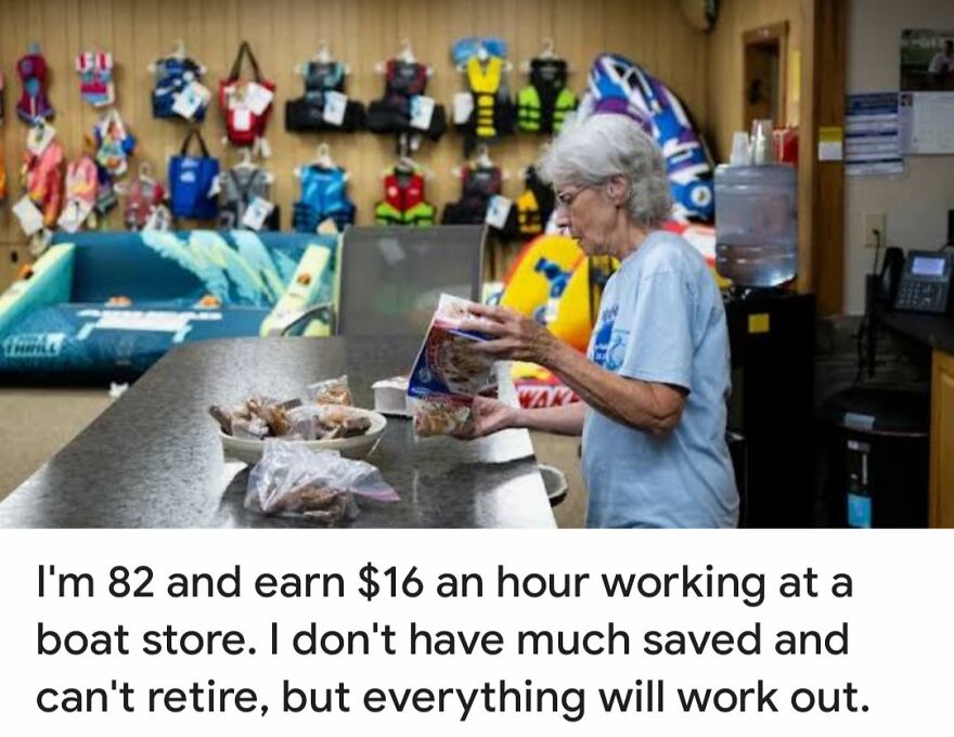 Elderly woman working at a boat store counter, surrounded by life jackets and boating equipment, showing wholesome posts.