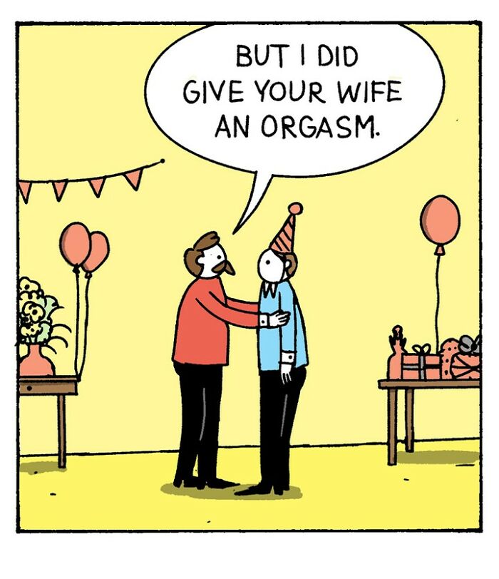 War and Peas comic panel showing two characters at a minimalistic birthday party with balloons and presents.