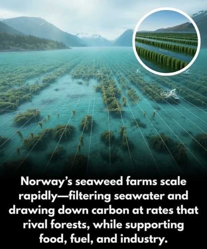Norway’s seaweed farms filtering seawater and capturing carbon, showcasing facts about sustainable food and industry practices.