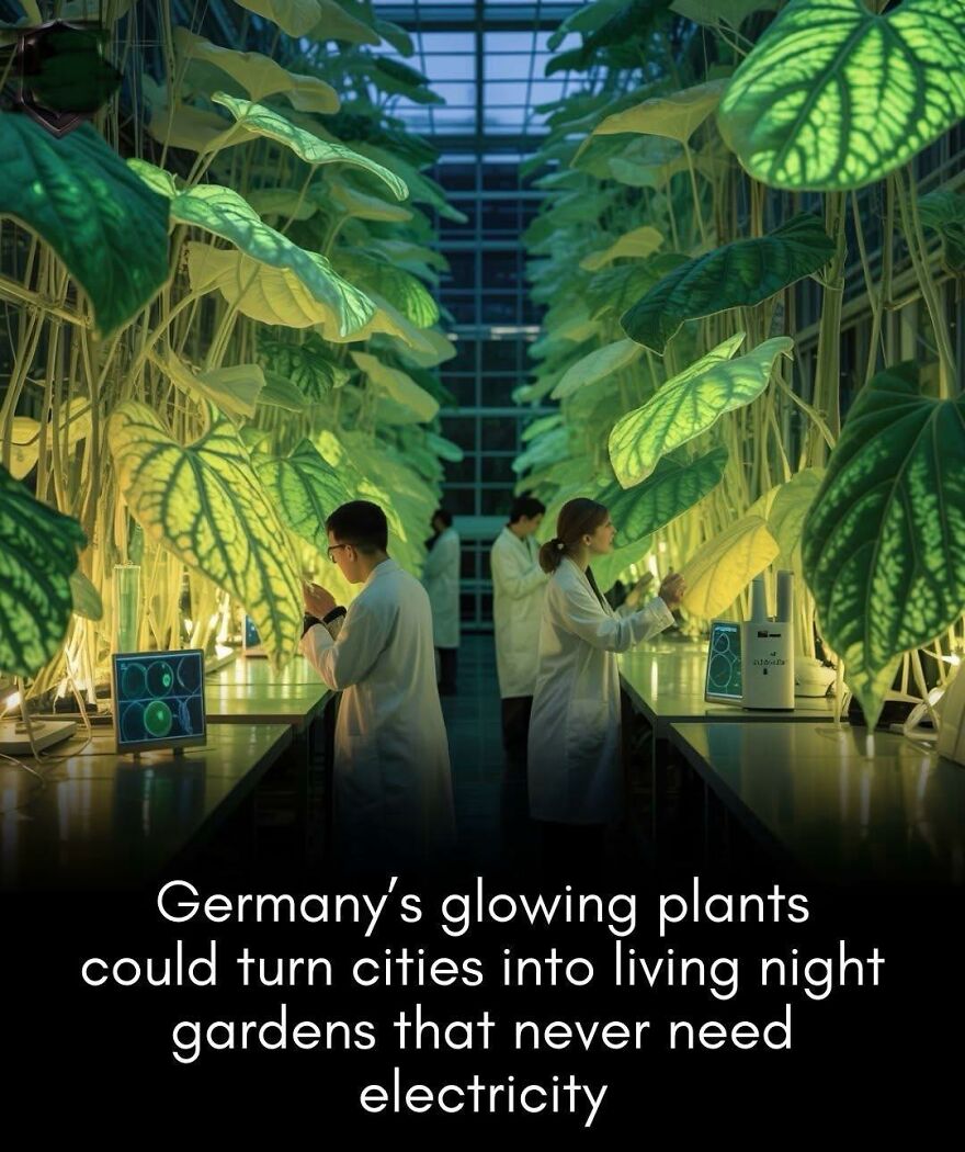Scientists study glowing plants in a lab setting, exploring facts about innovative living night gardens with natural light sources.