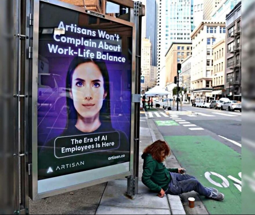 Street ad about AI employees next to a person sitting on the sidewalk, highlighting workplace balance and artisan AI technology.