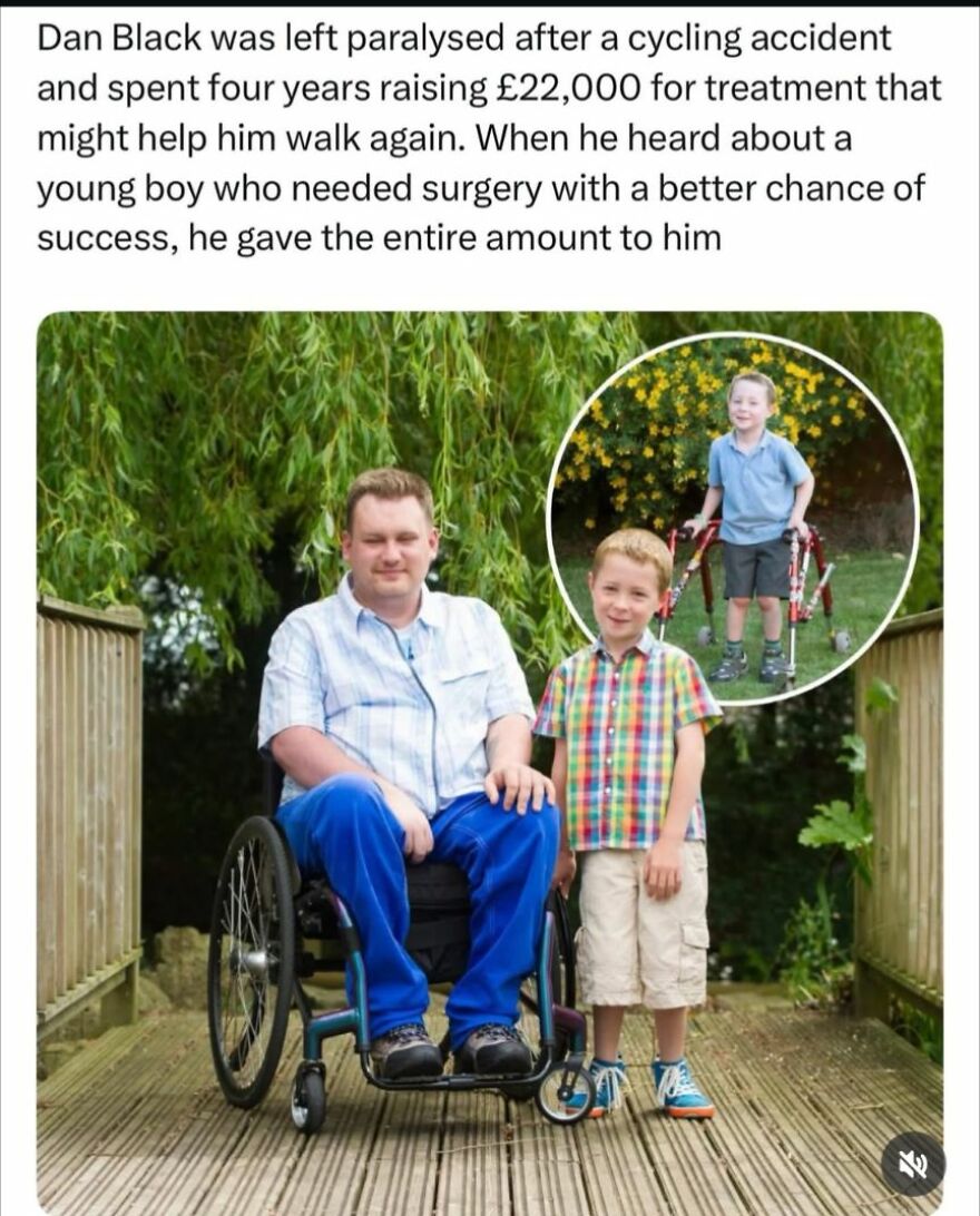 Man in wheelchair with young boy standing beside him, illustrating wholesome posts that appear different on closer look.