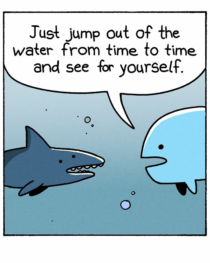 War and Peas comic panel featuring a shark and dolphin discussing the concept of land in a dark, absurd style