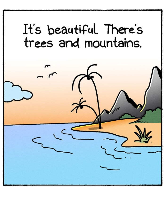 War and Peas comic panel featuring a shark and dolphin discussing the concept of land in a dark, absurd style