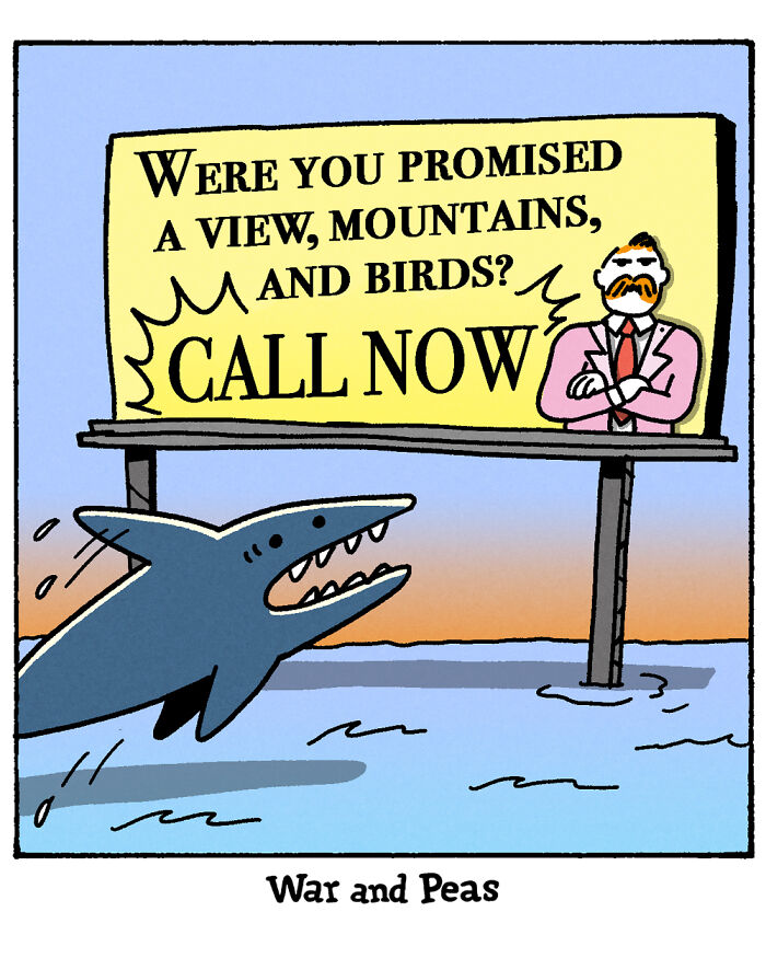 War and Peas comic panel featuring a shark and dolphin discussing the concept of land in a dark, absurd style