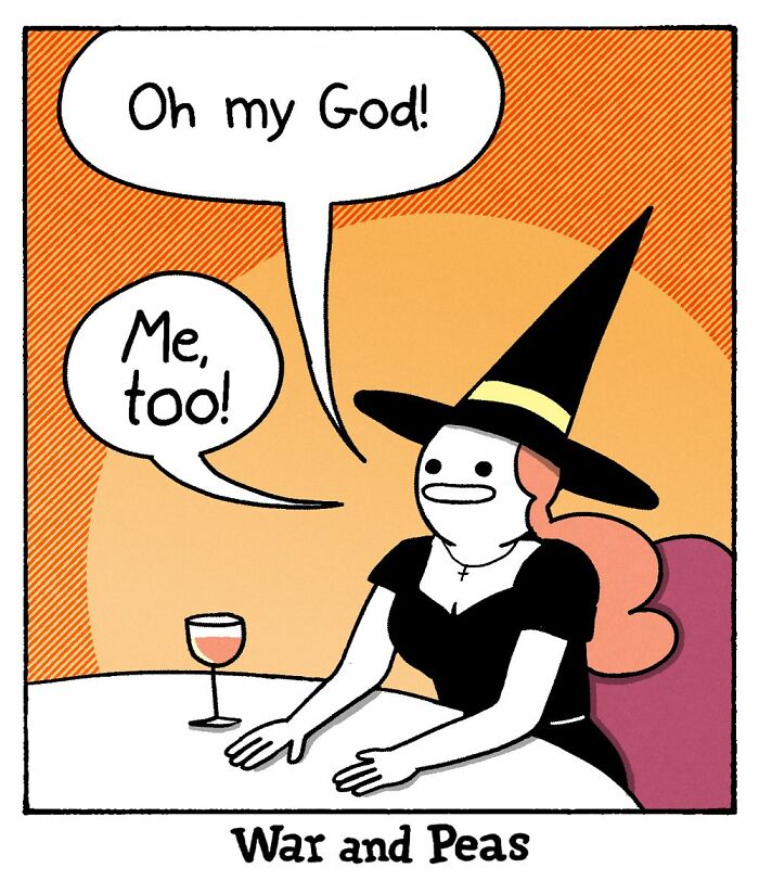 Comic panel from War And Peas featuring a character in a witch hat asking about what someone looks for in a girl.