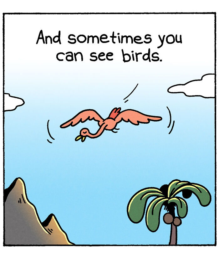 War and Peas comic panel featuring a shark and dolphin discussing the concept of land in a dark, absurd style