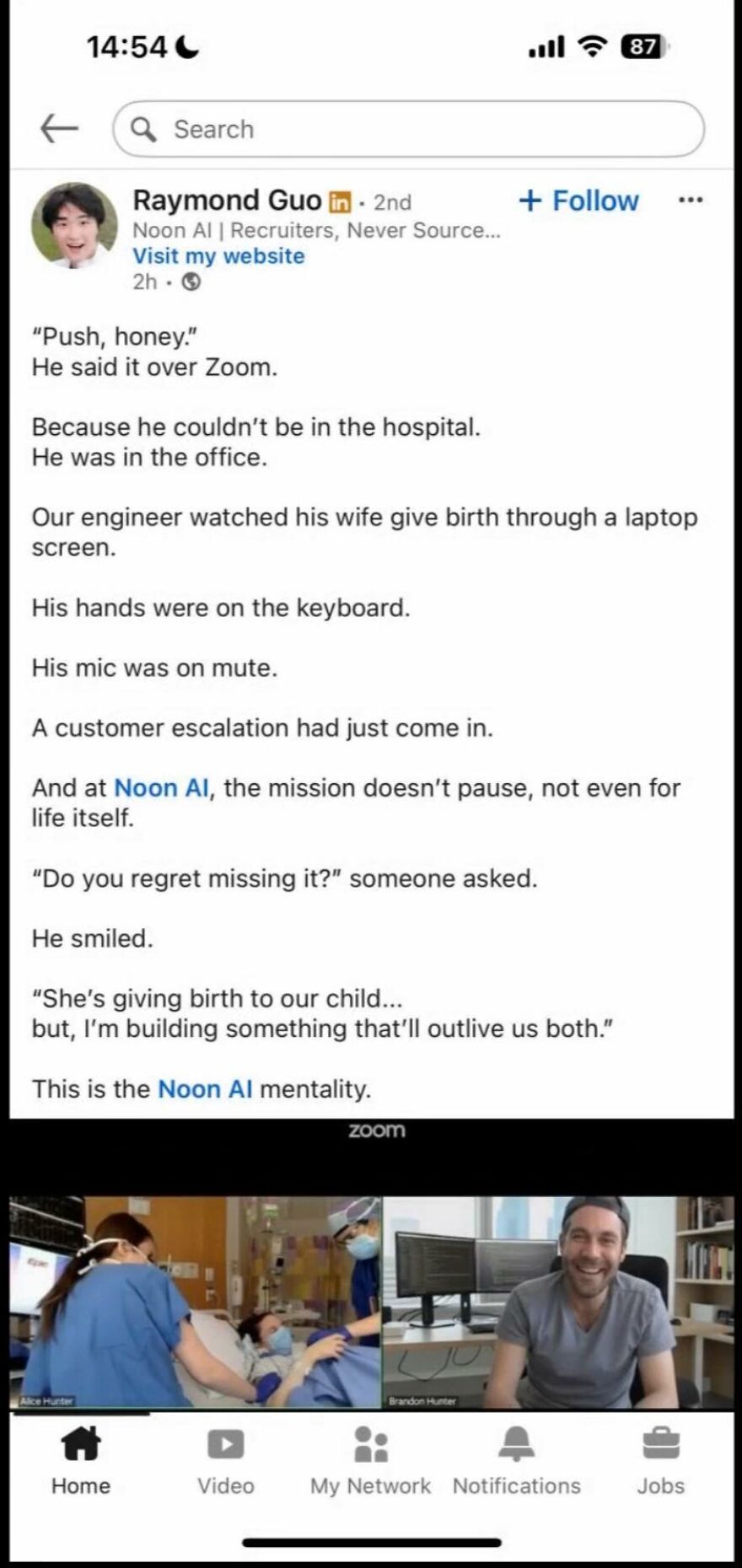 LinkedIn post shows wholesome Zoom moment of engineer watching birth while handling work, highlighting true meaning of wholesome posts.