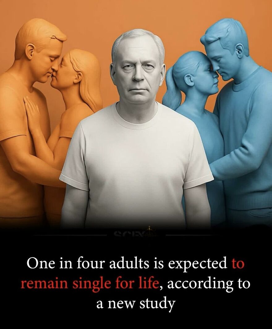 Middle-aged man stands alone between two couples, illustrating facts about adults who remain single for life.