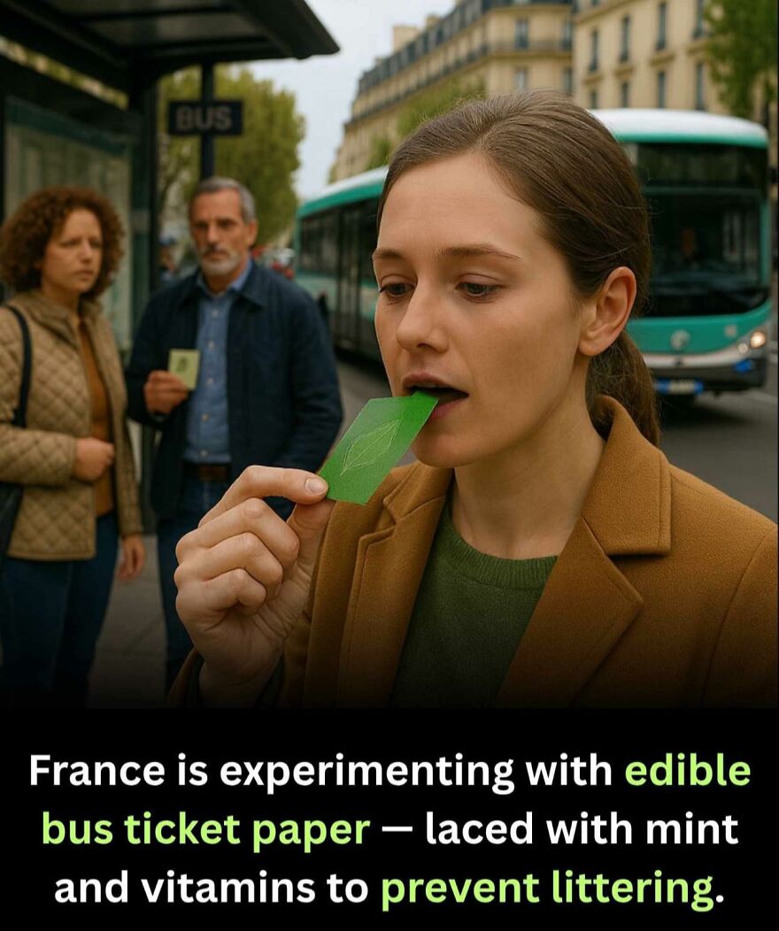 Woman trying edible bus ticket paper in France, highlighting interesting facts about new things and innovative solutions.