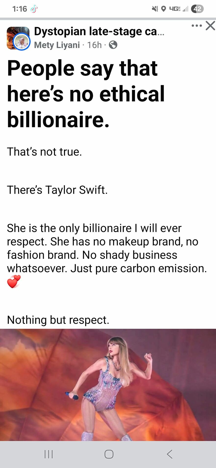 Text post and image questioning the idea of an ethical billionaire, featuring Taylor Swift, related to wholesome posts that reveal hidden truths.