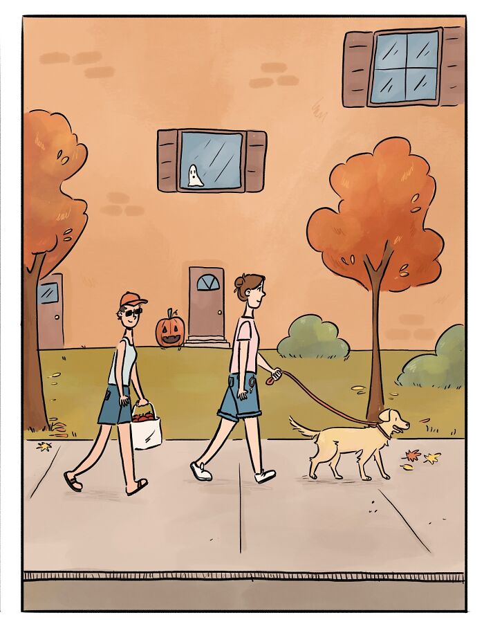 Two people and a dog picking apples in an orchard, a funny and honest comic about life’s little moments.