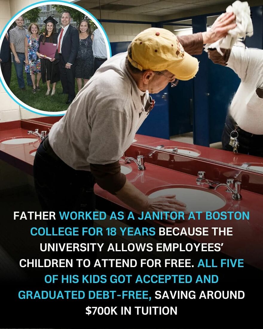 Man cleaning a restroom mirror with text about a janitor father whose kids graduated debt-free from Boston College.