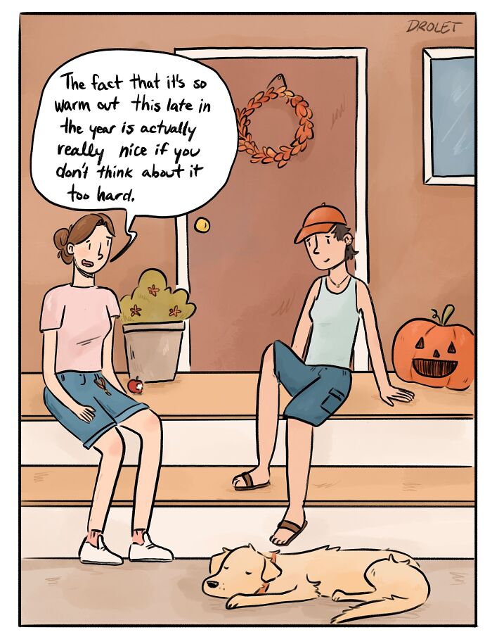 Two people and a dog picking apples in an orchard, a funny and honest comic about life’s little moments.