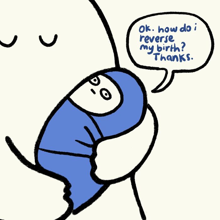 Simple doodle of a figure holding a baby with a speech bubble expressing loving and relatable everyday thoughts.