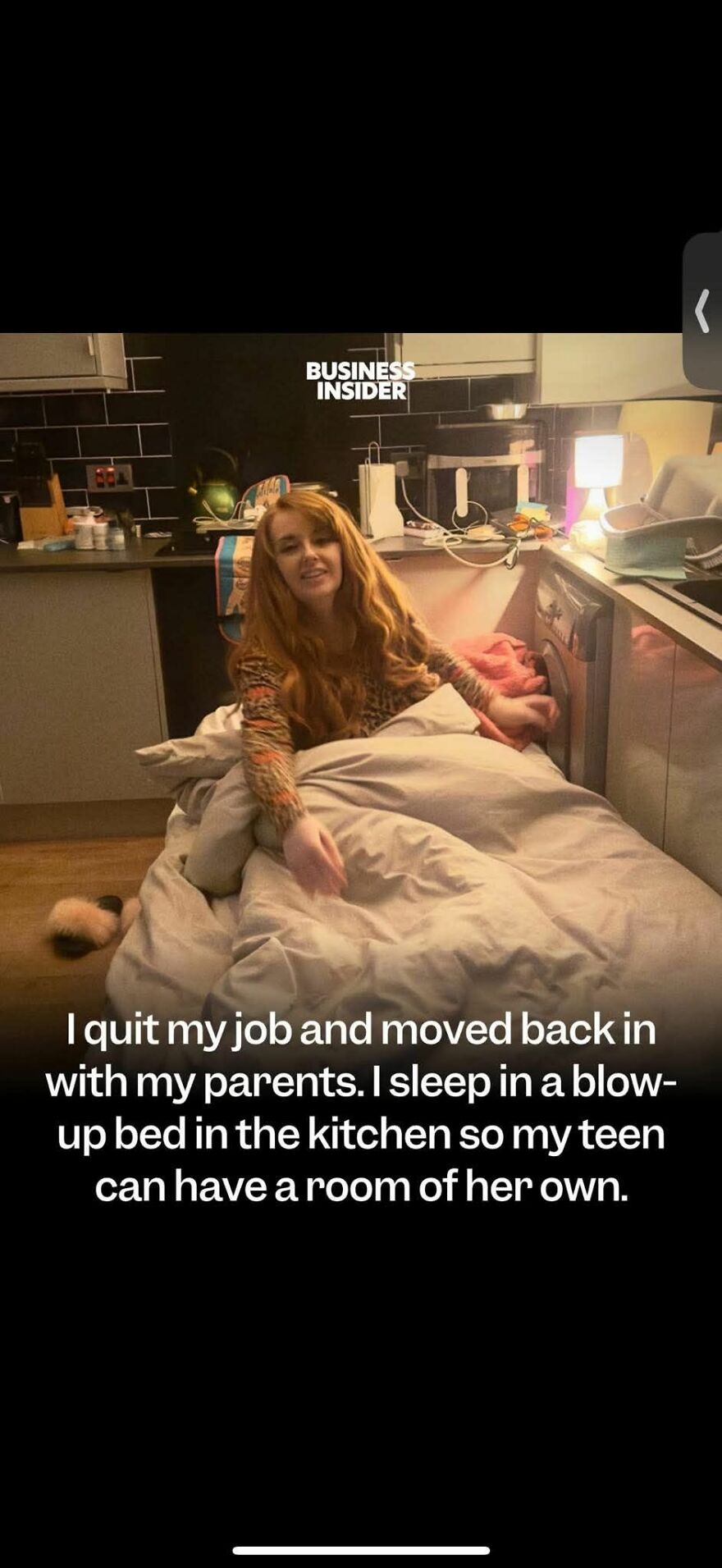 Woman in a blow-up bed in the kitchen, illustrating one of the wholesome posts that seemed different on closer look.