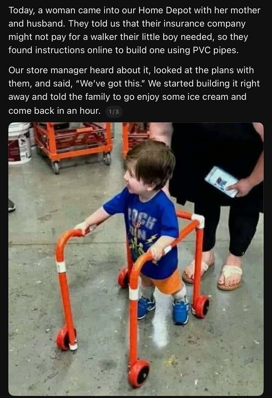 Child using a homemade walker built with PVC pipes at a store, illustrating wholesome posts with a hidden story.