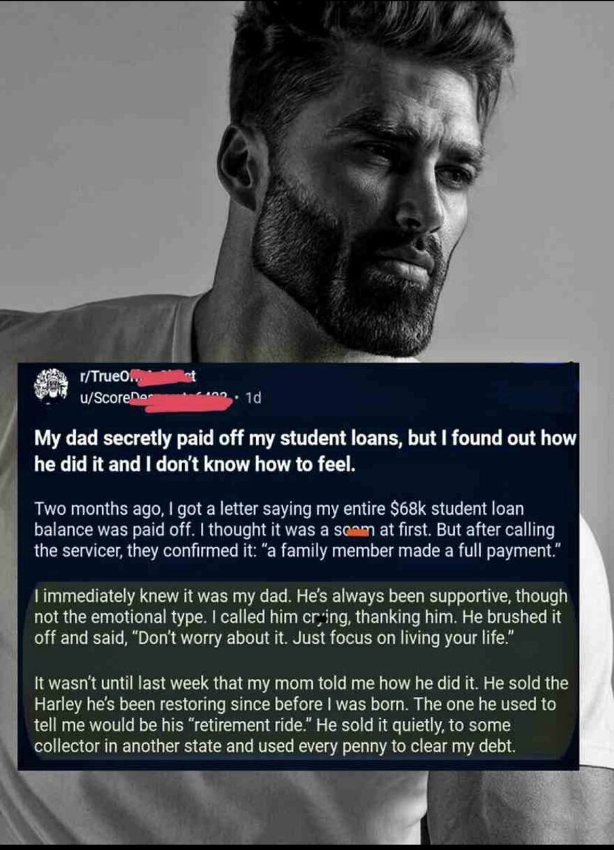 Man with beard in thoughtful pose above a heartfelt story about paying off student loans and hidden sacrifices.
