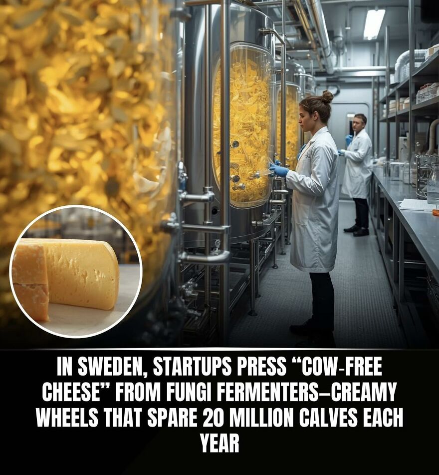 Lab technicians in a facility producing cow-free cheese using fungi fermenters, showcasing innovative learning facts.