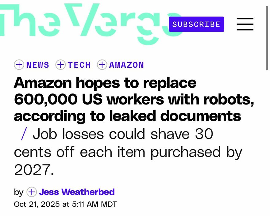 Screenshot of a news article about Amazon planning to replace US workers with robots, detailing potential job losses and cost impacts.