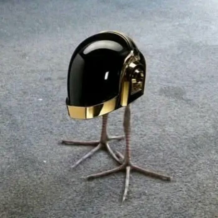 Black and gold futuristic helmet resting on chicken legs standing on a gray carpet in a creative setup.