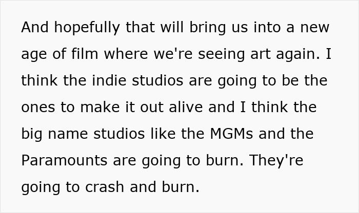 Text discussing indie studios surviving while big studios burn, related to why modern movies look ugly in millennial gray.