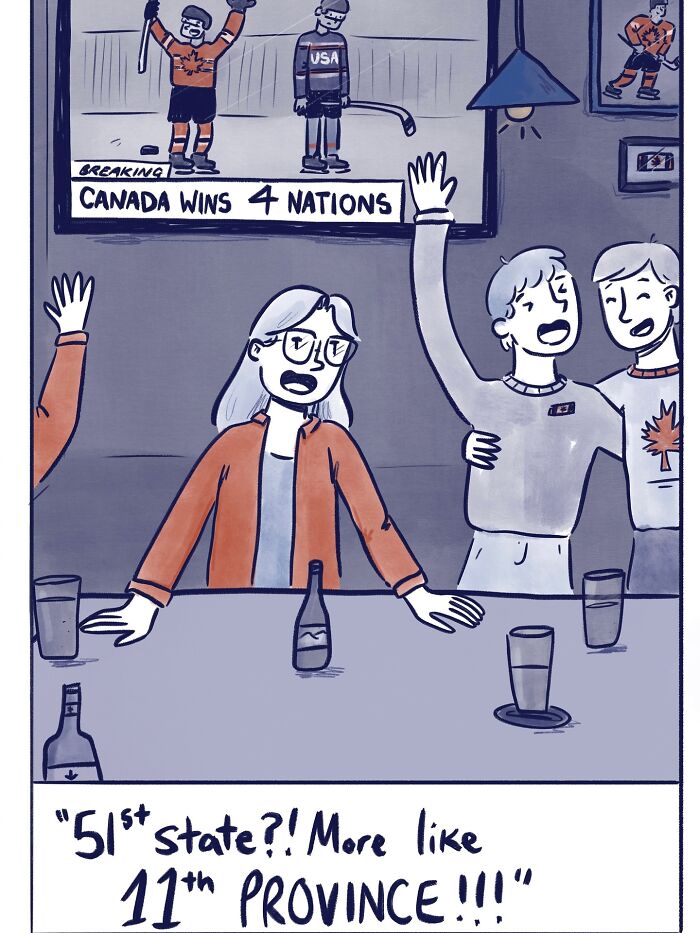 Woman holding a Canadian flag with fireworks in the background in a funny and honest comic about life’s little moments.