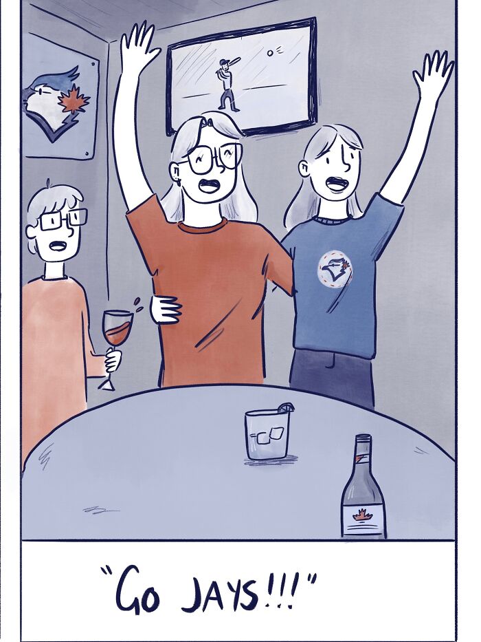 Woman holding a Canadian flag with fireworks in the background in a funny and honest comic about life’s little moments.