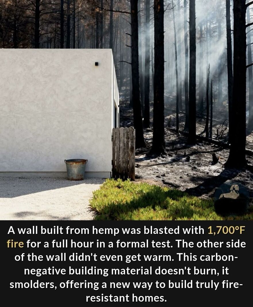 Modern hemp wall fire test showing fire-resistant carbon-negative building material in a forest setting with smoke and burnt trees.