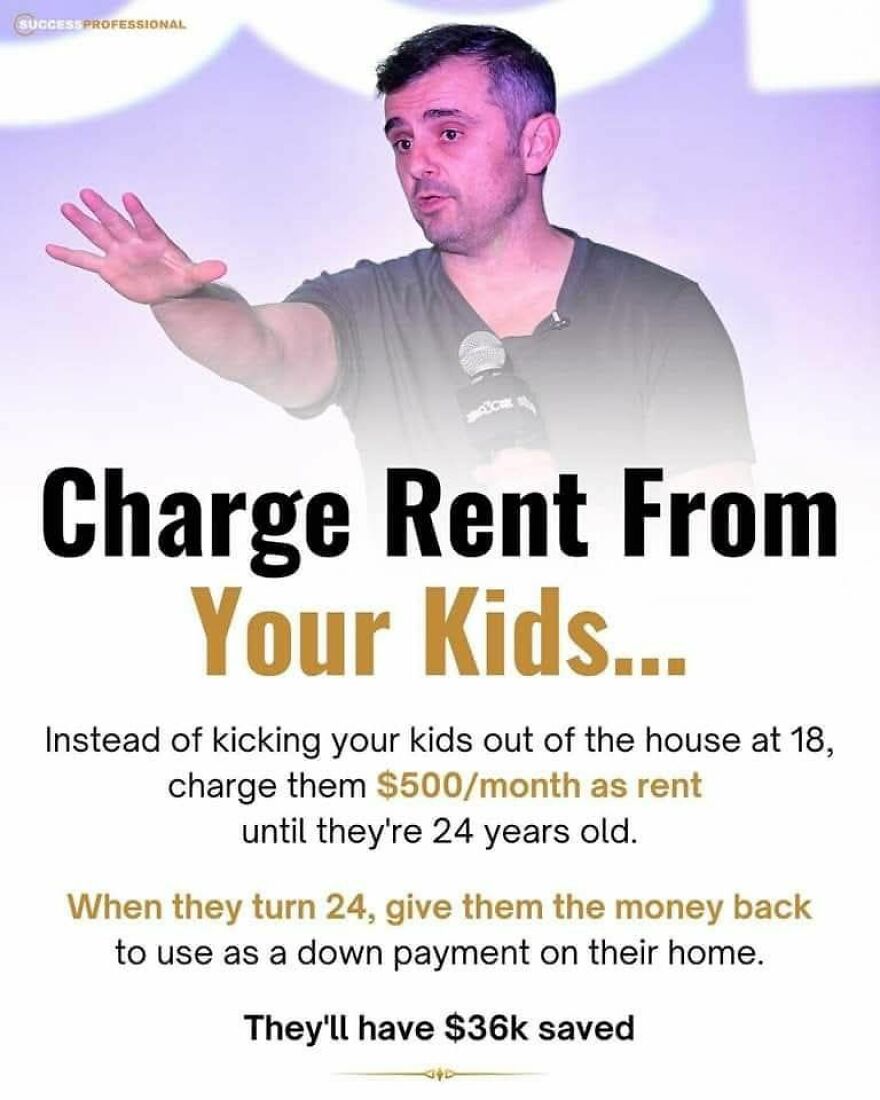 Man speaking on stage with text about charging rent from kids to save $36k, highlighting wholesome posts that seem misleading.