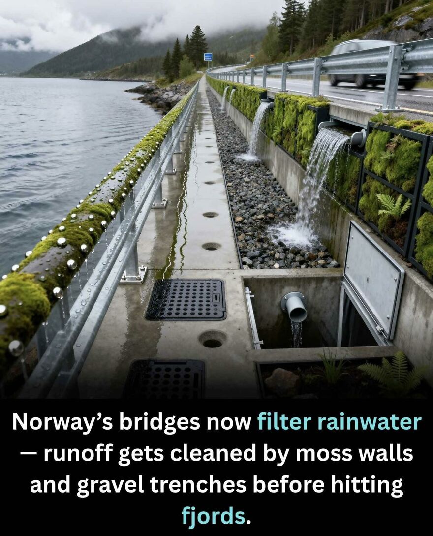 Norway’s bridge runoff is filtered by moss walls and gravel trenches to protect fjords and clean rainwater.