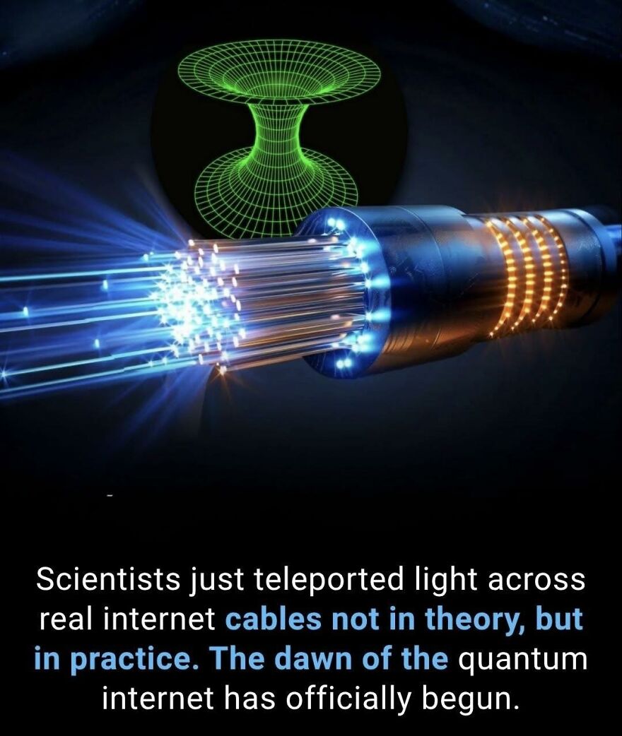 Fiber optic cable transmitting light with quantum internet breakthrough, showcasing new facts for those who like learning about new things.