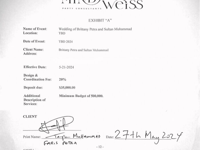Contract document showing wedding agreement details for singer and Malaysia&rsquo;s ex-king with deposit and budget terms.
