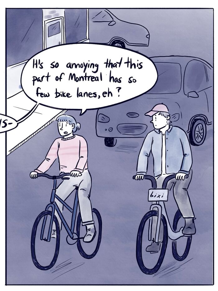 Two people on bikes having a funny and honest comic moment about voting in the mayoral election on a city street.