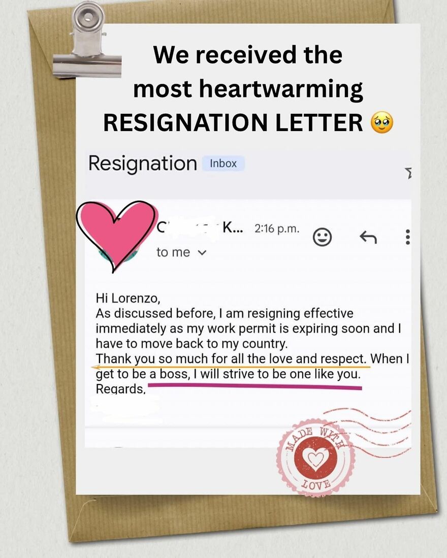 Heartwarming resignation letter displayed on a clipped note with highlighted text and love stamp on brown envelope.