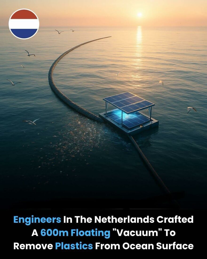 Engineers in the Netherlands created a 600m floating system to remove plastics from the ocean surface.
