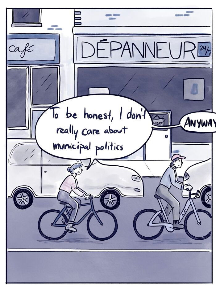 Two people on bikes having a funny and honest comic moment about voting in the mayoral election on a city street.