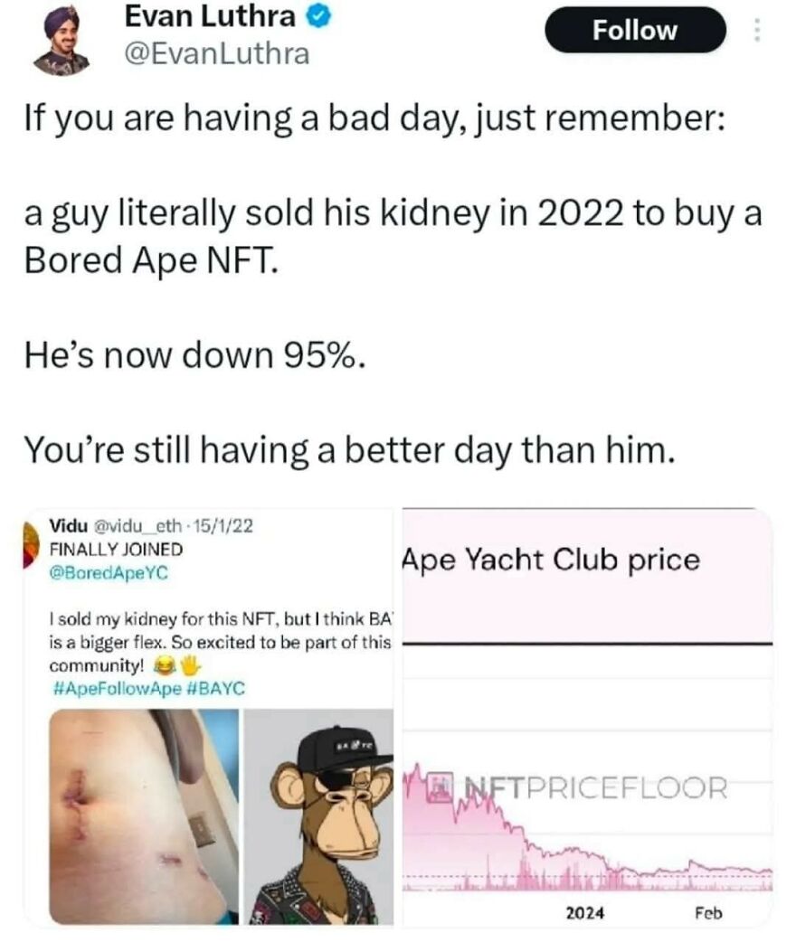 Screenshot of tweets about selling a kidney to buy a Bored Ape NFT, showing Ape Yacht Club price drop graph.
