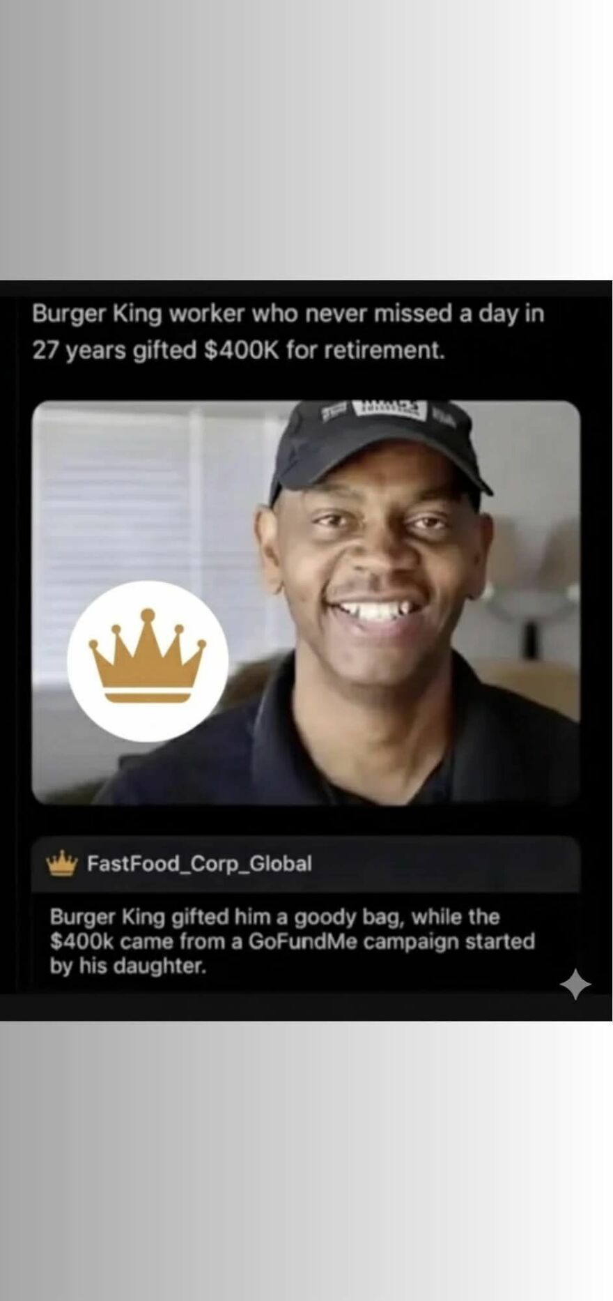 Smiling Burger King worker with story revealing wholesome posts and their true meaning behind the scenes.