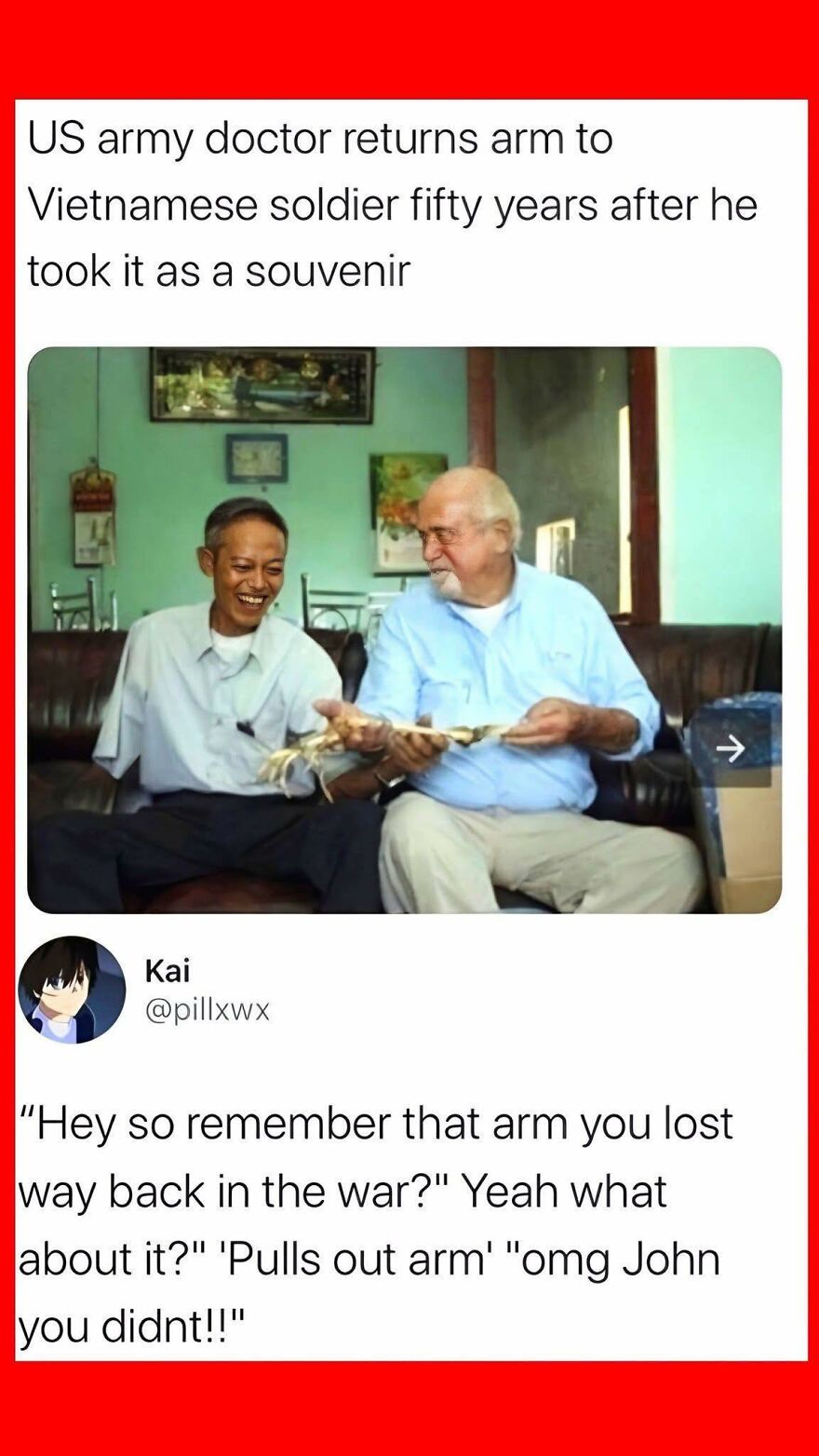 Two men smiling and holding a returned arm, a wholesome post revealing true meaning and surprising twist.