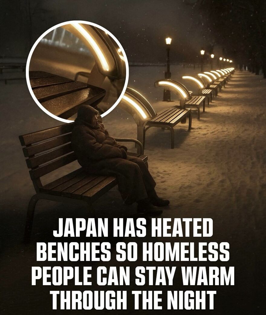Person sitting on a heated bench at night in snowy Japan, highlighting unique facts about learning new things.