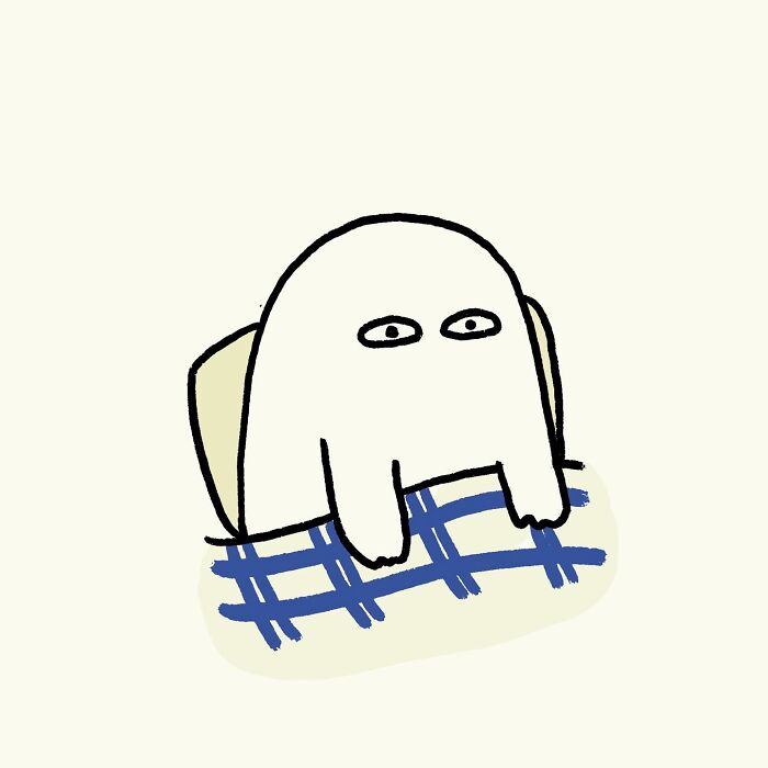 Funny and relatable doodle of a character remembering a random meme before bed, capturing everyday thoughts humorously.