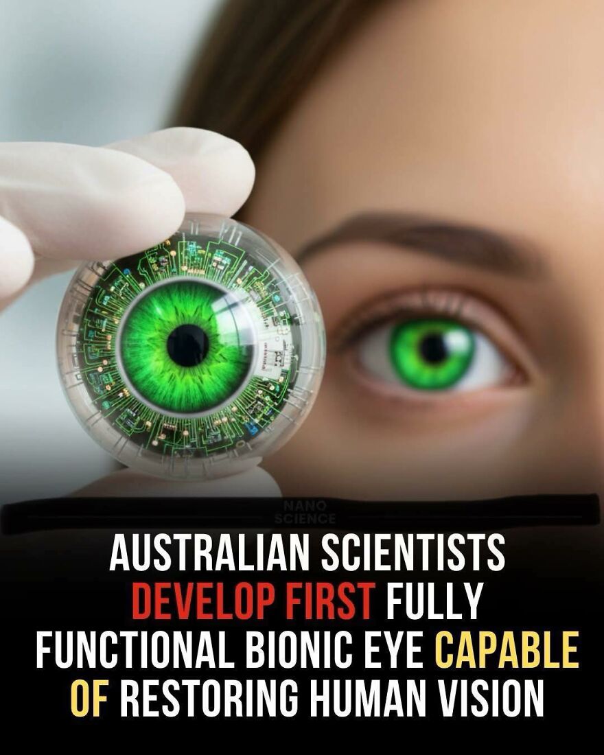 Close-up of a green bionic eye held by a gloved hand, highlighting advanced technology for restoring human vision.