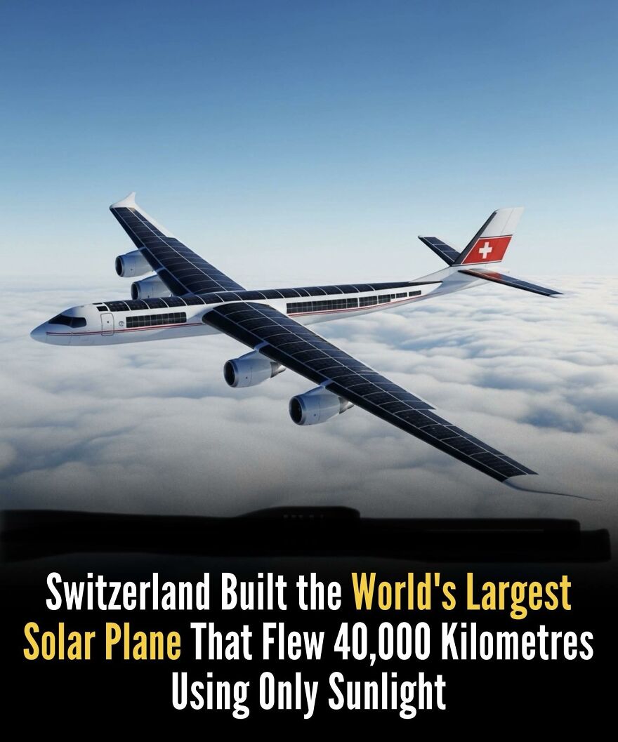 Solar plane flying above clouds, showcasing innovative technology for learning new facts about renewable energy and aviation.